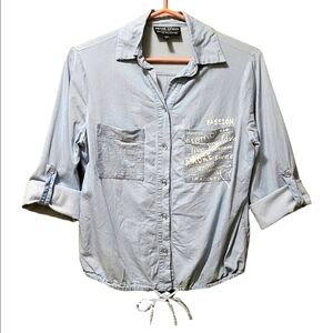 Frank Lyman Denim Chambray Sequin Button Down Amore Shirt Blue Light Wash Small